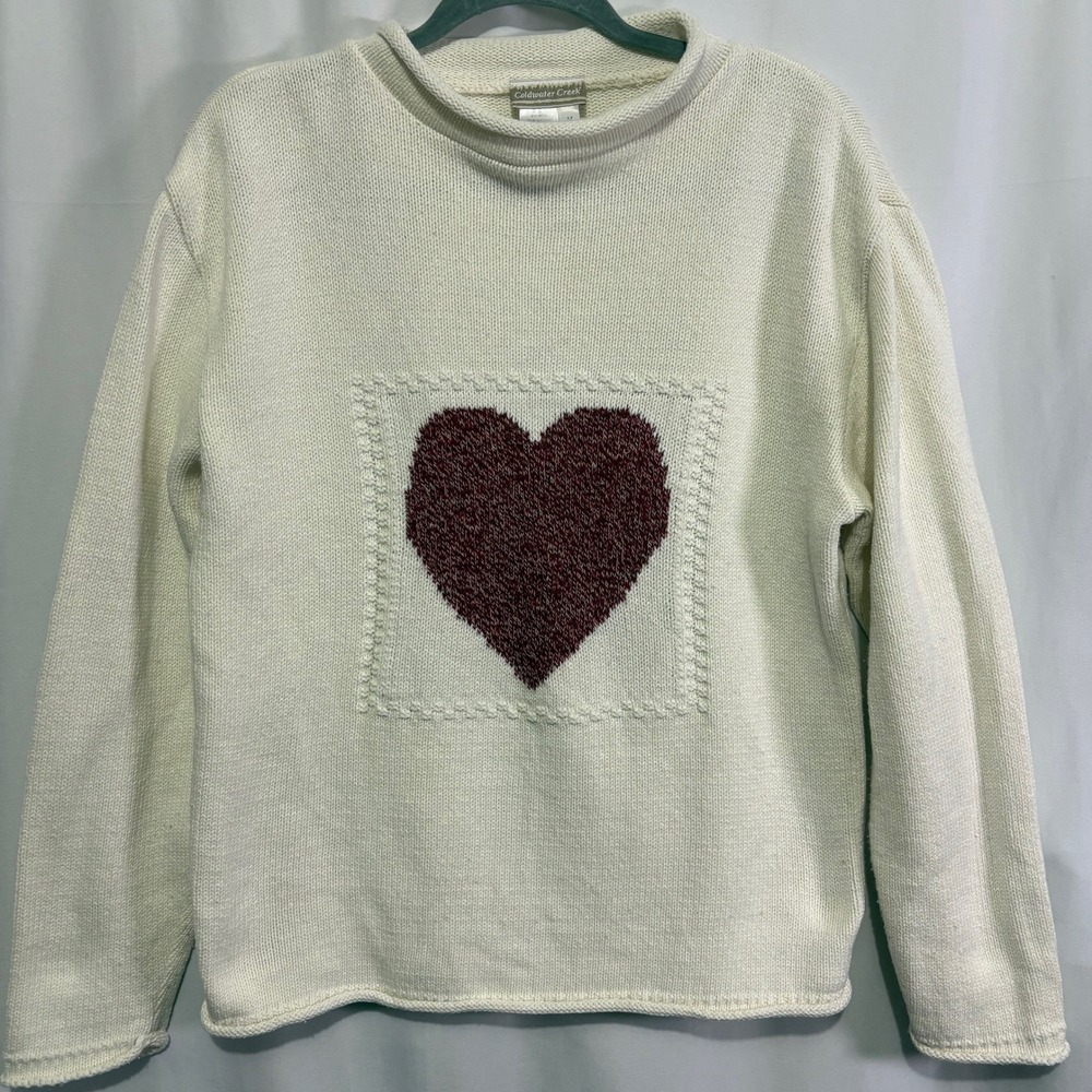 Coldwater Creek Cream Roll Neck Heart Sweater Burgundy Knit Medium Grandmacore